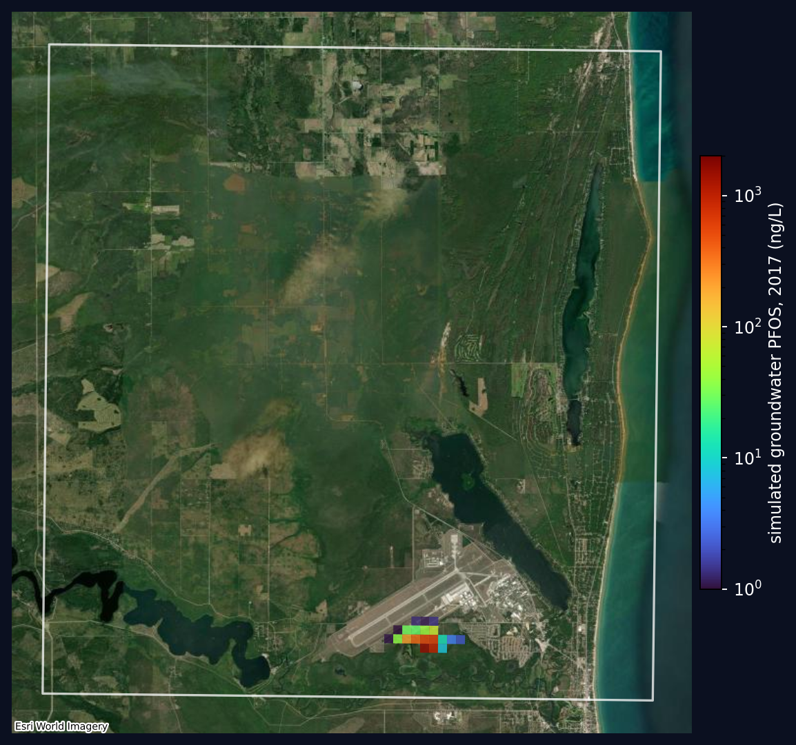 Simulated PFOS plume at Wurtsmith AFB on satellite imagery