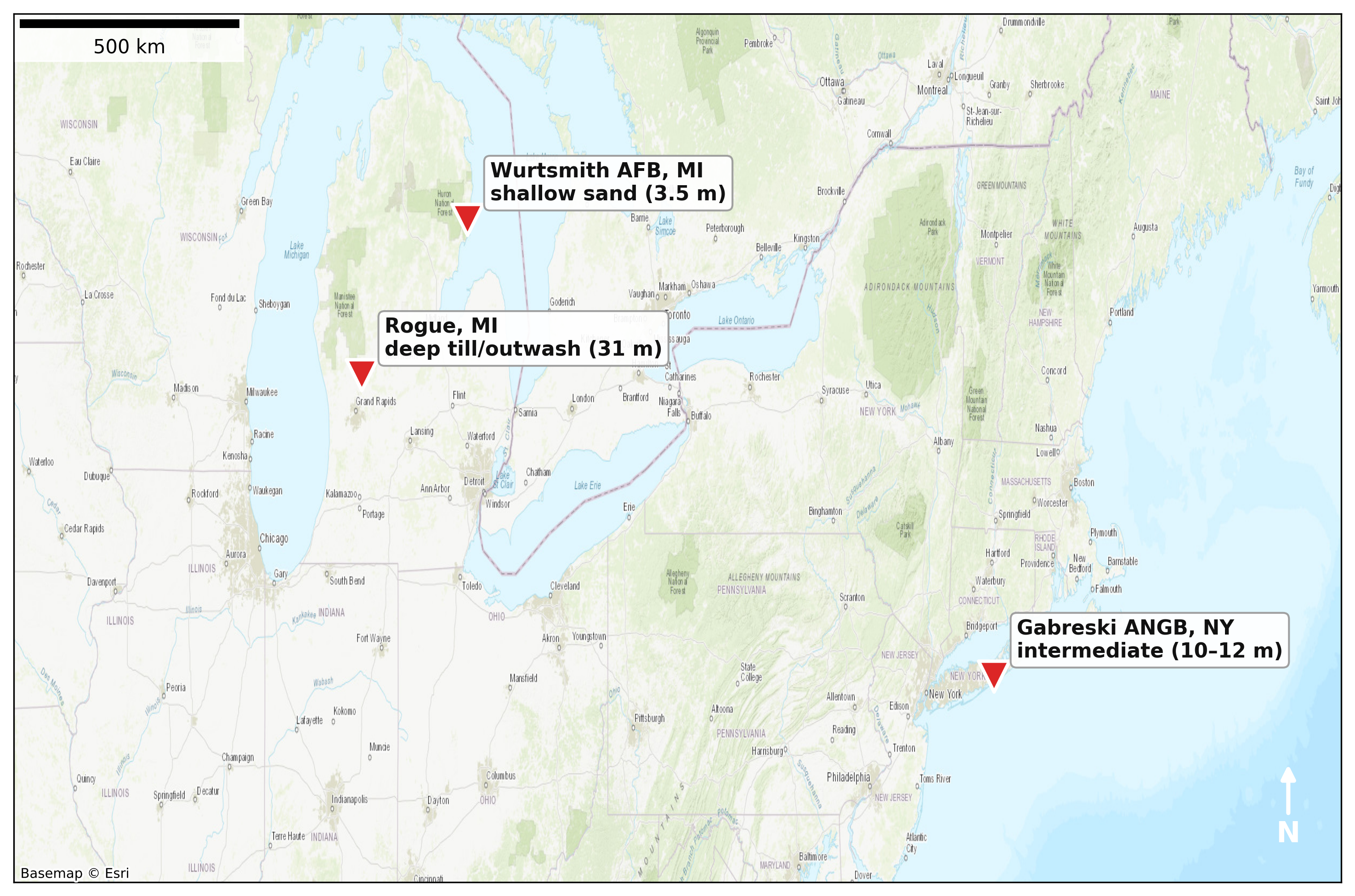 The three modeled AFFF sites across the vadose-zone spectrum