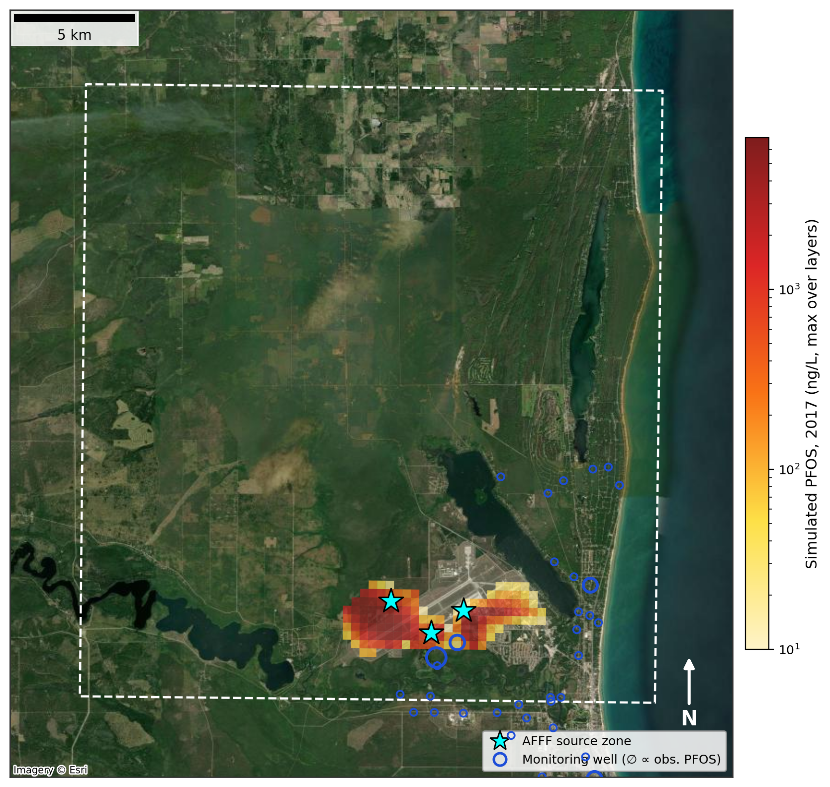 Simulated 2017 PFOS plume at Wurtsmith AFB on aerial imagery