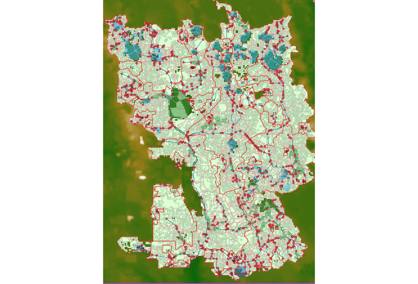 A SWATGenX-built SWAT+ model: HRUs, channels, and lakes delineated from NHDPlus HR over DEM, land use, and soil layers.