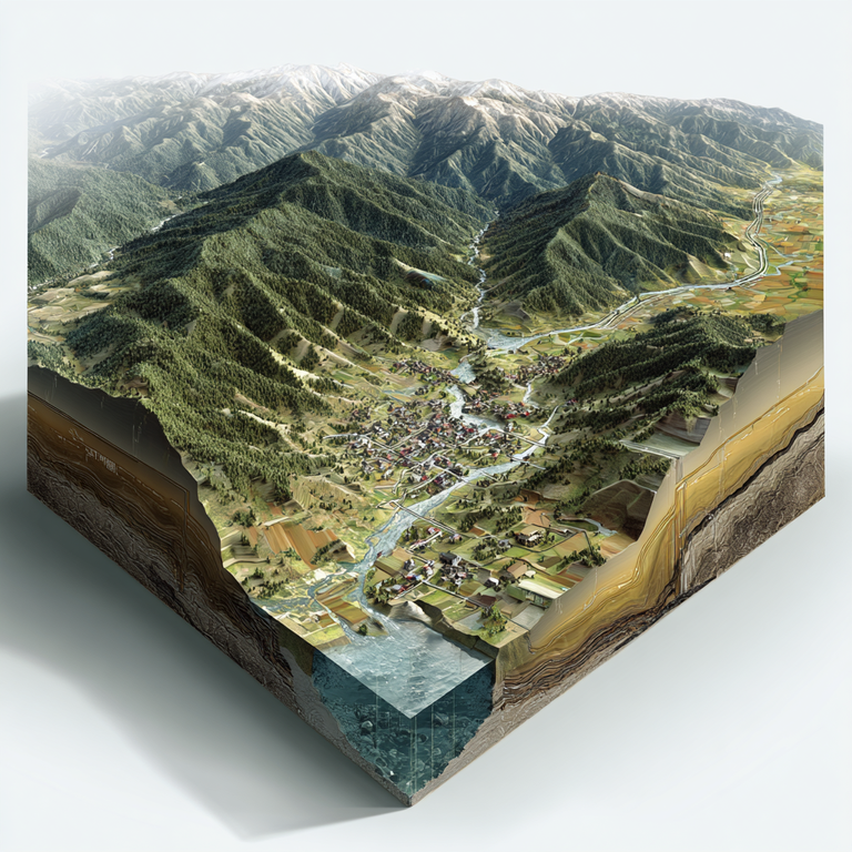 Conceptual drainage basin: headwaters, river network, agricultural valley, settlement, outlet water body, and subsurface geology
