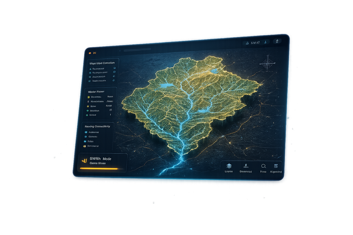 SWATGenX conceptual illustration: watershed and SWAT+ model interface