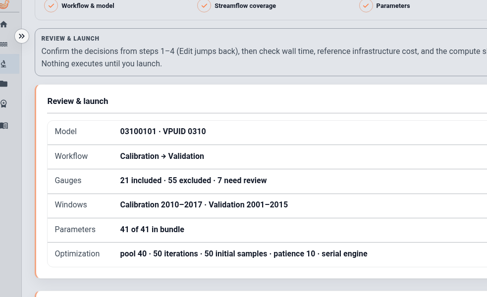 SWATGenX calibration wizard Review and launch — model, gauges, windows, parameters, and compute
