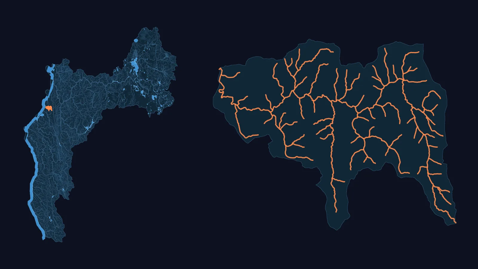 Left: the Klamath-Northern California Coastal basin (WBD HUC4 1801) with its NHDPlus HR network, its larger lakes and reservoirs, Humboldt Bay and the Pacific coastal waters as water, and our Mad-Redwood model (USGS 11481200) in orange. Right: that model drawn large, every one of its channels.