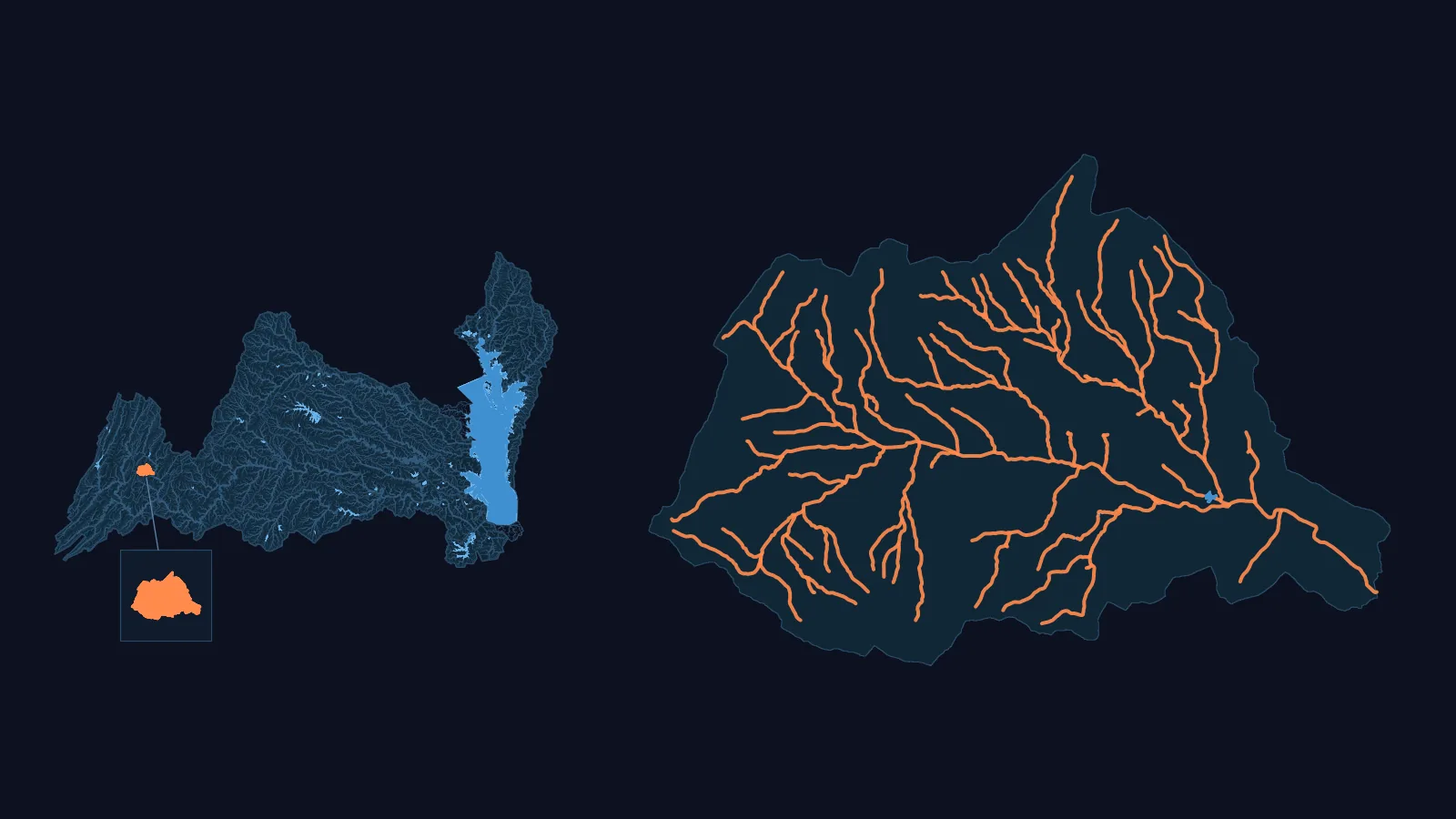 Left: the Lower Chesapeake basin (WBD HUC4 0208) with its NHDPlus HR network, the lower Chesapeake Bay and the basin's larger lakes and reservoirs as water, and our model (USGS 02022500) in orange, enlarged in a box. Right: that model drawn large, every one of its channels, with its water bodies in blue.