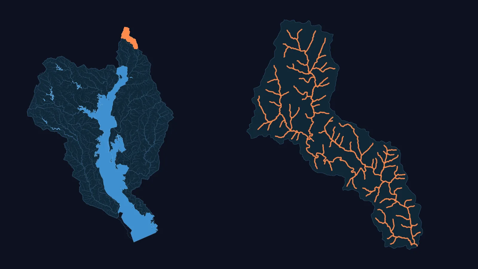 Left: the Upper Chesapeake basin (WBD HUC4 0206) with its NHDPlus HR network, the upper Chesapeake Bay and the basin's larger lakes and reservoirs as water, and our model (USGS 01495000) in orange. Right: that model drawn large, every one of its channels, with its water bodies in blue.