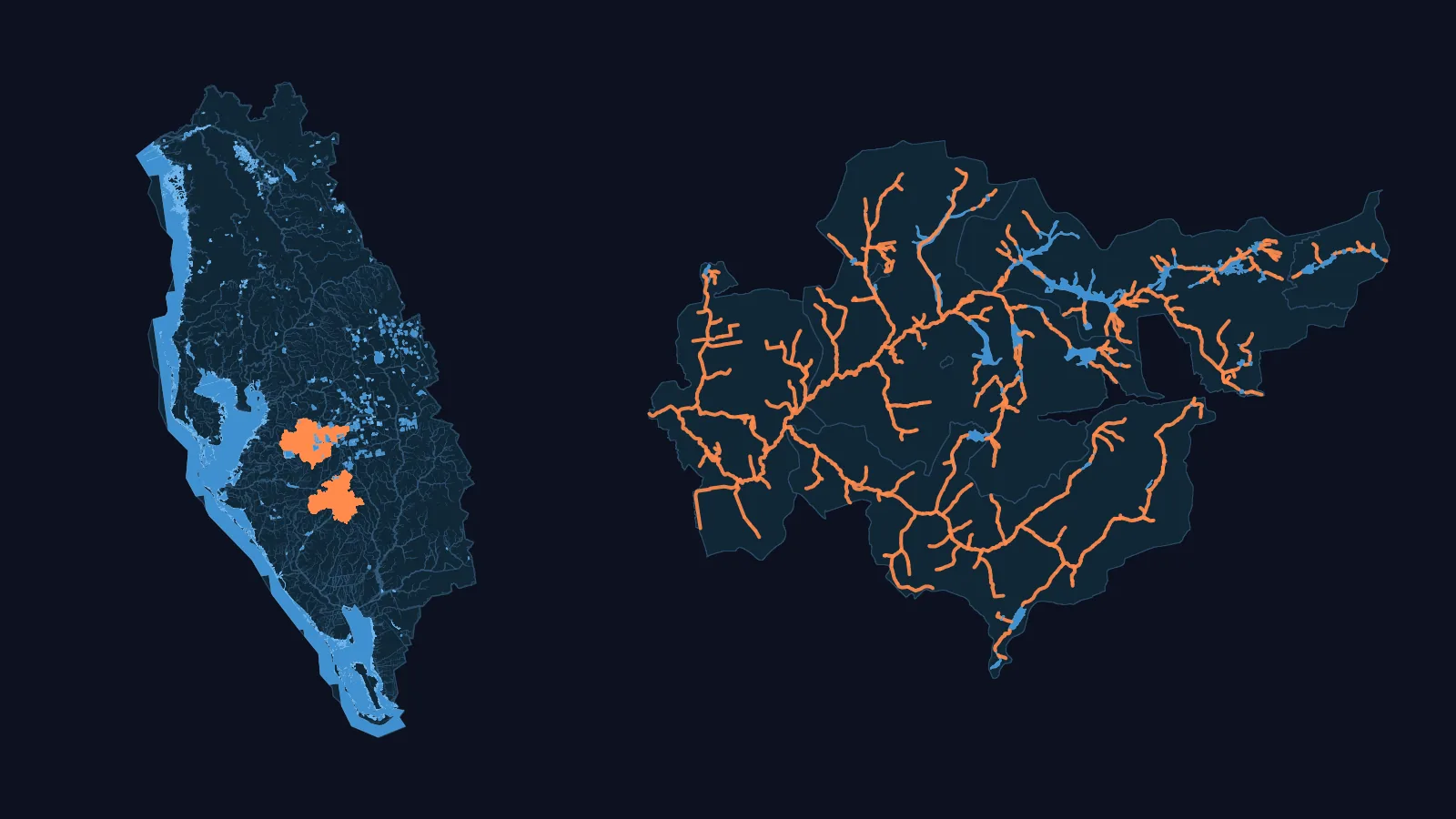 Left: the Peace-Tampa Bay basin (WBD HUC4 0310) with its NHDPlus HR network, its larger lakes and reservoirs, Tampa Bay, Charlotte Harbor and the coastal waters as water, and two of our models (USGS 02300500 and USGS 02298608) in orange. Right: the USGS 02300500 model drawn large, every one of its channels, with its water bodies in blue.