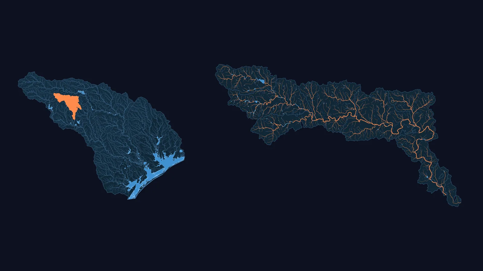 Left: the Central Texas Coastal basin (WBD HUC4 1210) with its NHDPlus HR network, its larger lakes, reservoirs and coastal bays as water, and our two models (USGS 08178800 and USGS 08185000) in orange. Right: the USGS 08185000 model drawn large, every one of its channels, with its water bodies in blue.