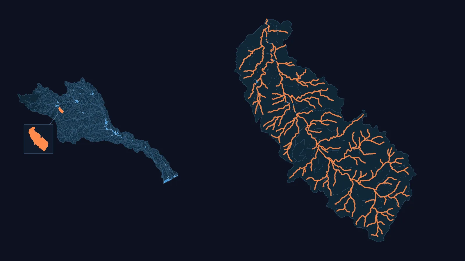 Left: the Lower Colorado-San Bernard Coastal basin (WBD HUC4 1209) with its NHDPlus HR network, its larger lakes, reservoirs and East Matagorda Bay as water, and our South Concho model (USGS 08131400) in orange, enlarged in a box. Right: that model drawn large, every one of its channels, with its water bodies in blue.