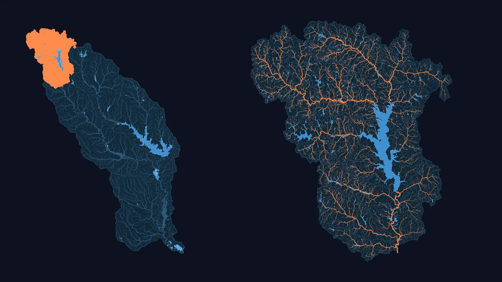 Left: the Neches basin (WBD HUC4 1202) with its NHDPlus HR network, its larger lakes and reservoirs, and our Upper Neches model (USGS 08032000) in orange. Right: that model drawn large, every one of its channels, with its water bodies in blue.