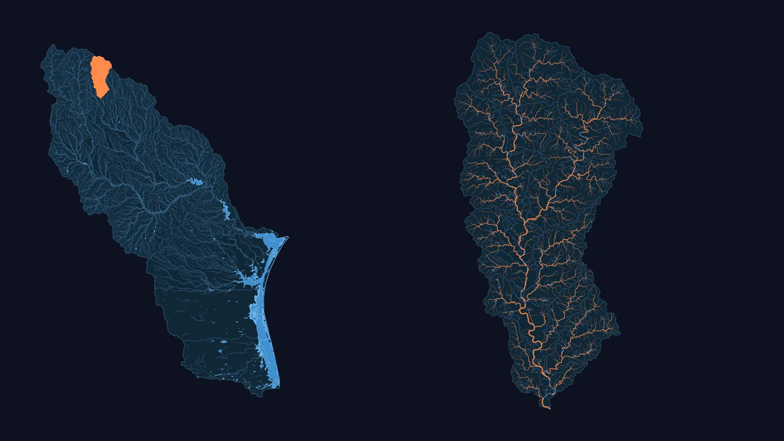 Left: the Nueces-Southwestern Texas Coastal basin (WBD HUC4 1211) with its NHDPlus HR network, its larger lakes and reservoirs, the Laguna Madre, Corpus Christi Bay, Baffin Bay and the coastal waters as water, and our Upper Frio model (USGS 08195000) in orange. Right: that model drawn large, every one of its channels, with its water bodies in blue.