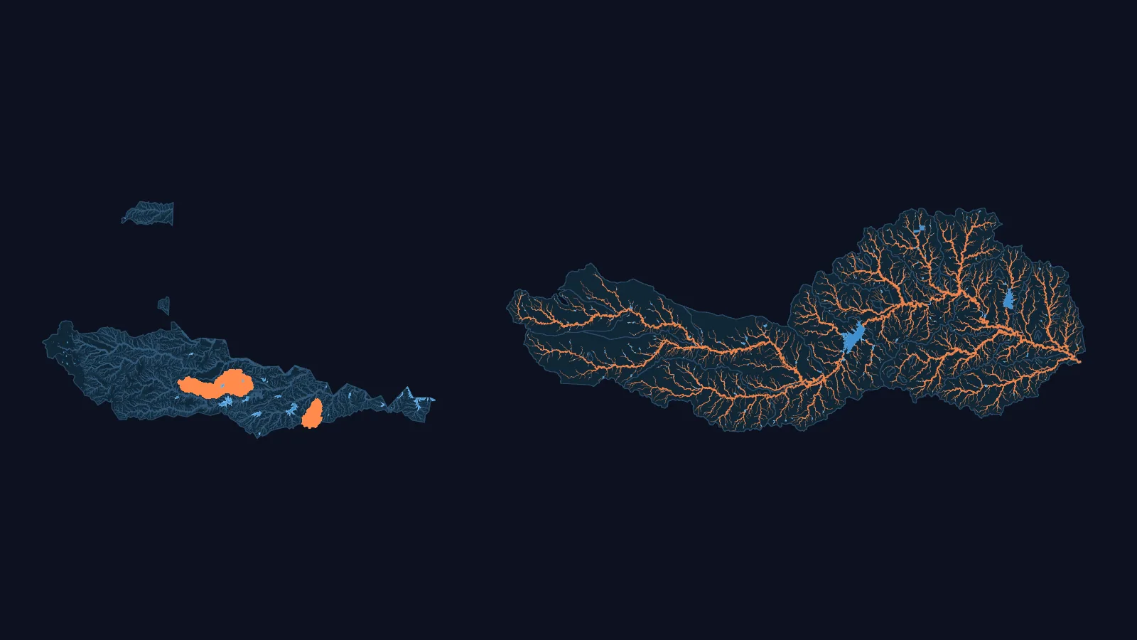 Left: the Texas part of the Red-Washita basin (WBD HUC4 1113, clipped to Texas) with its NHDPlus HR network, its larger lakes and reservoirs, and our two models (USGS 07312200 and USGS 07315200) in orange. Right: the USGS 07312200 model drawn large, every one of its channels, with its water bodies in blue.