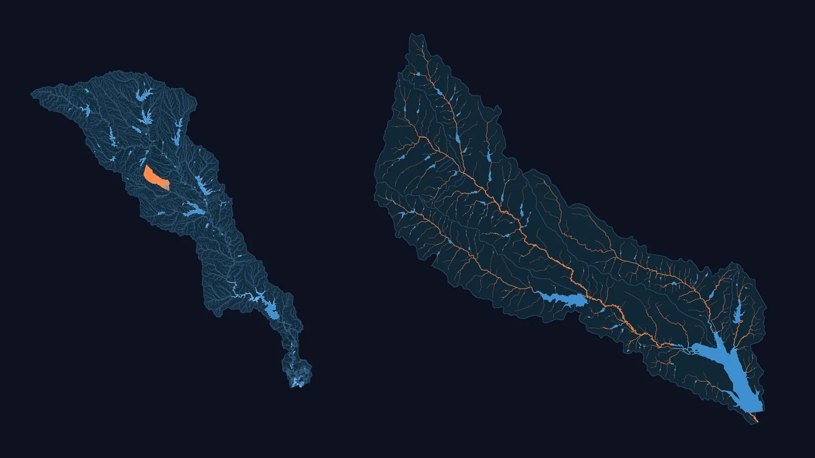 Left: the Trinity basin (WBD HUC4 1203) with its NHDPlus HR network, its larger lakes and reservoirs, and our Chambers model (USGS 08063800) in orange. Right: that model drawn large, every one of its channels, with its water bodies in blue.