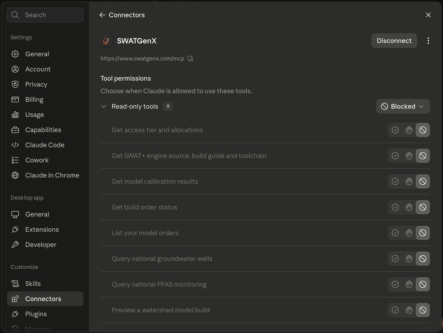 The SWATGenX connector configured in an AI assistant, listing its read-only tools and per-tool permissions