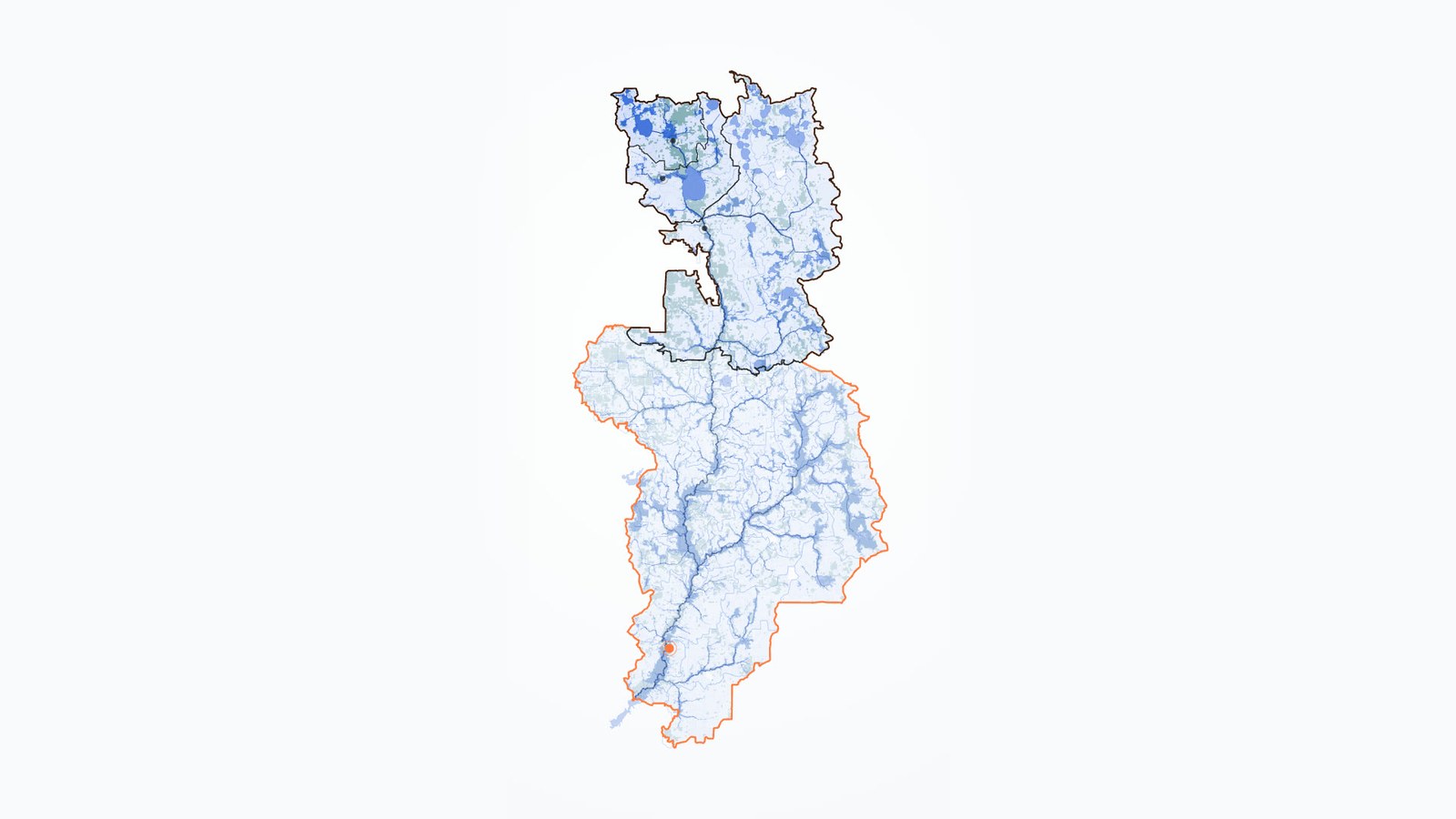 The Peace River basin, Florida: HUC12 unit outlines and channels, with a smaller nested watershed outlined inside it