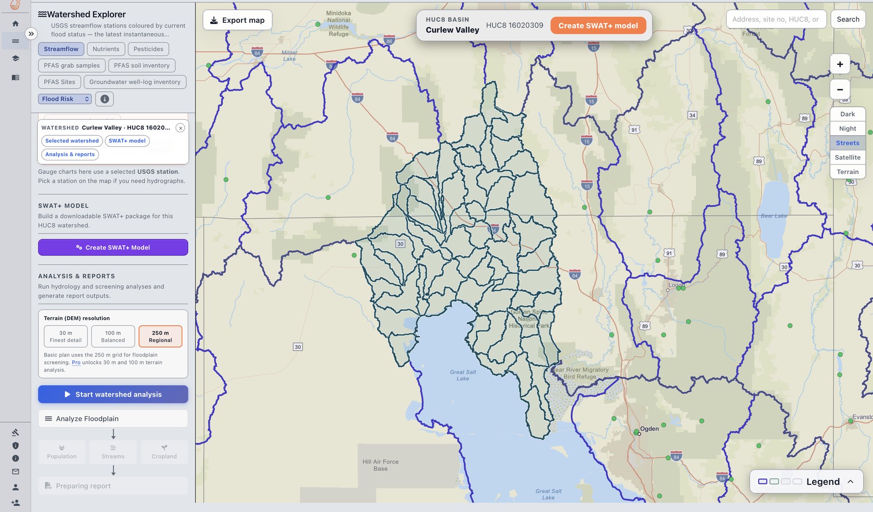 SWATGenX Watershed Explorer with the Curlew Valley HUC8 basin selected, its subbasins delineated, and terrain resolution options in the side panel