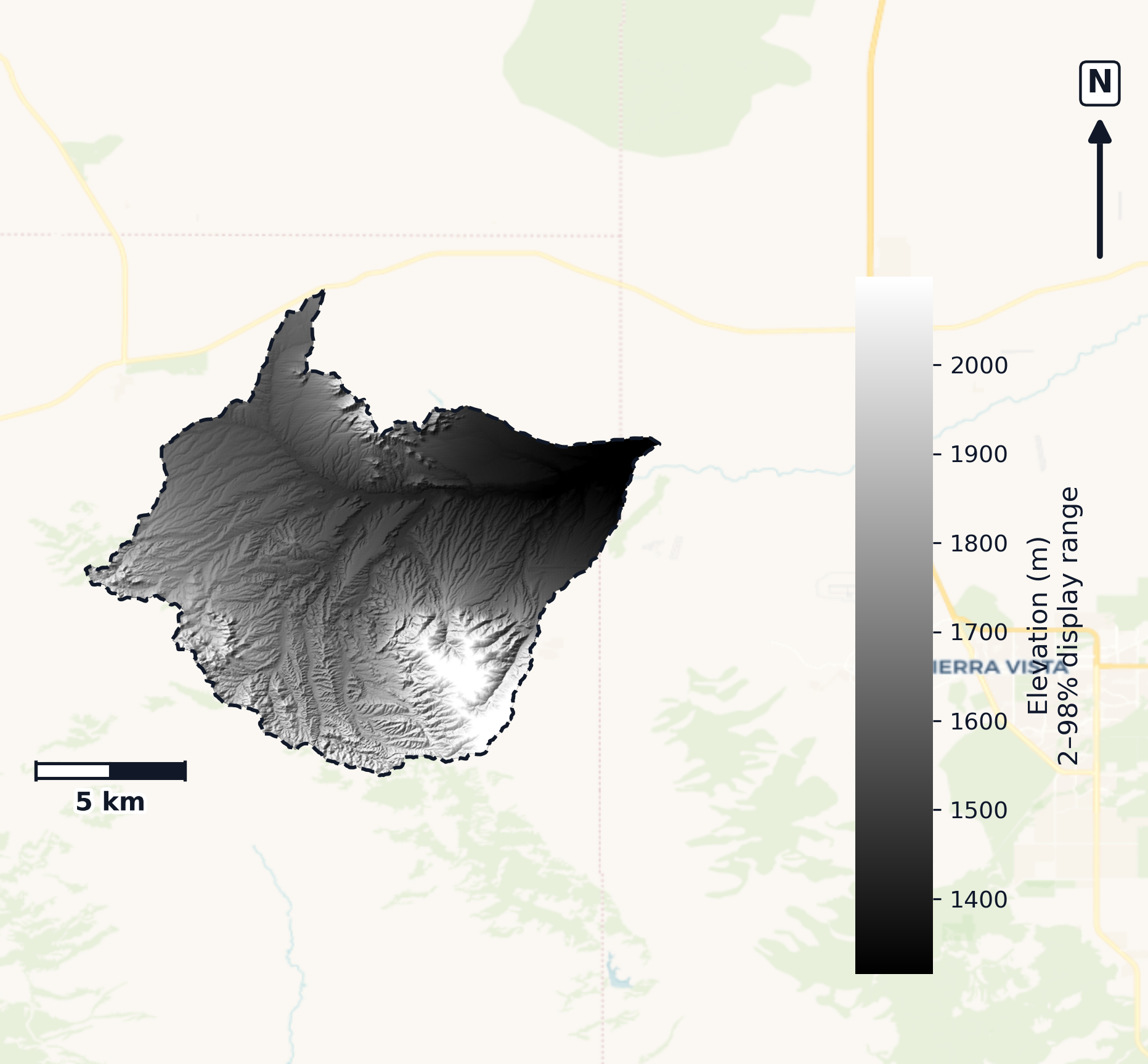 Upper San Pedro · Arizona — DEM hillshade, basin mask (same layout as flood-report maps)