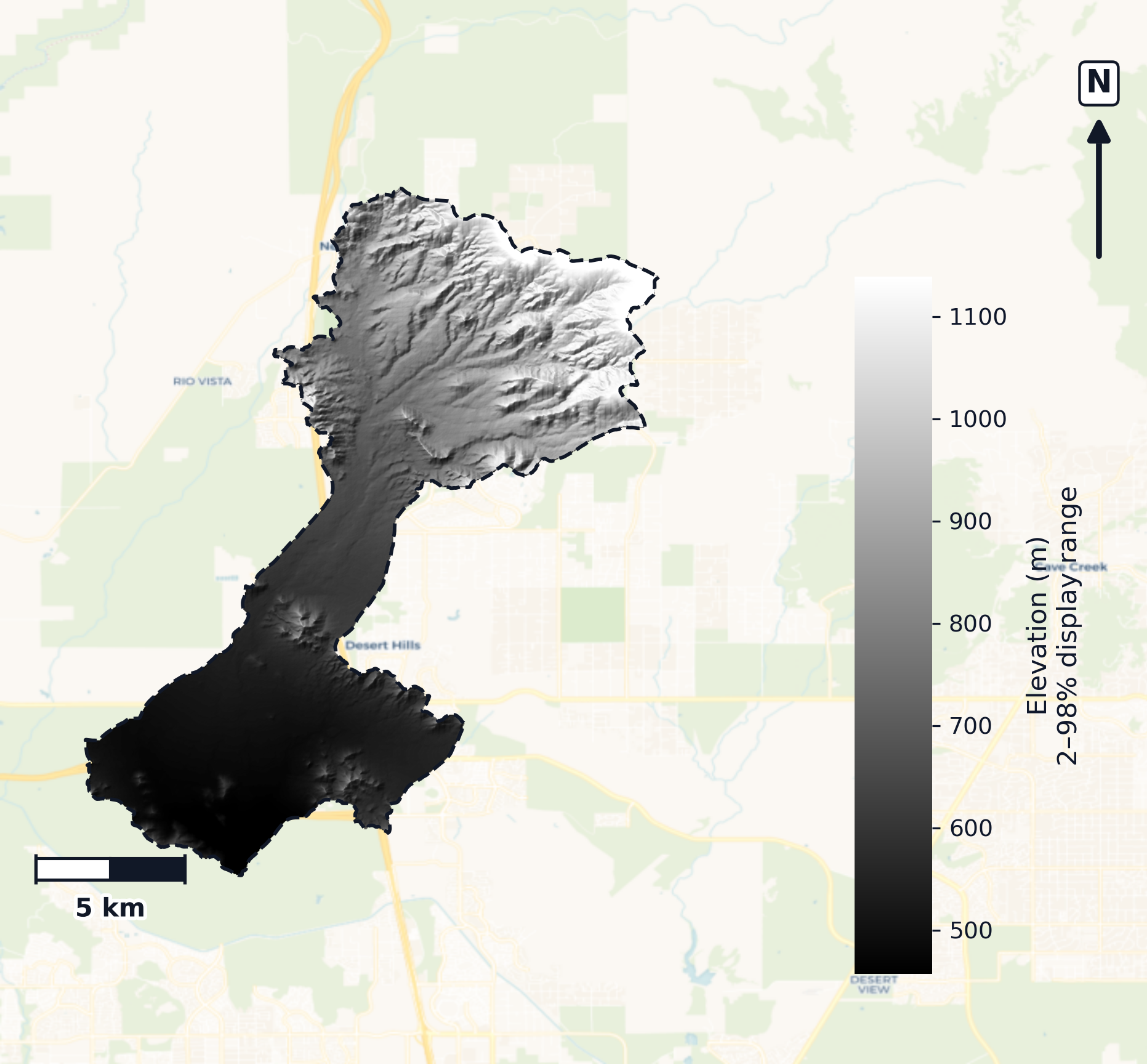 Agua Fria · Arizona — DEM hillshade, basin mask (same layout as flood-report maps)
