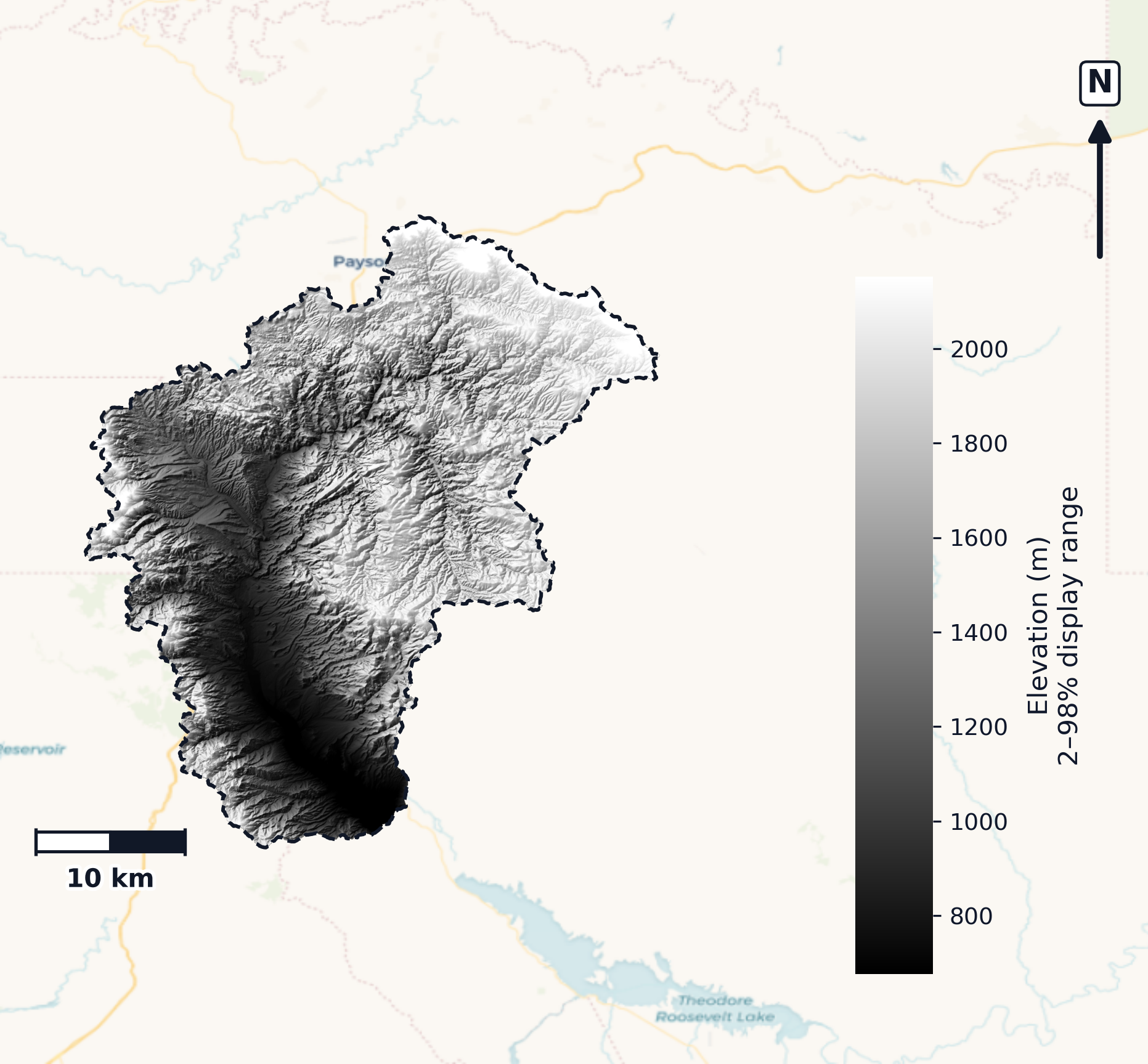 Tonto · Arizona — DEM hillshade, basin mask (same layout as flood-report maps)