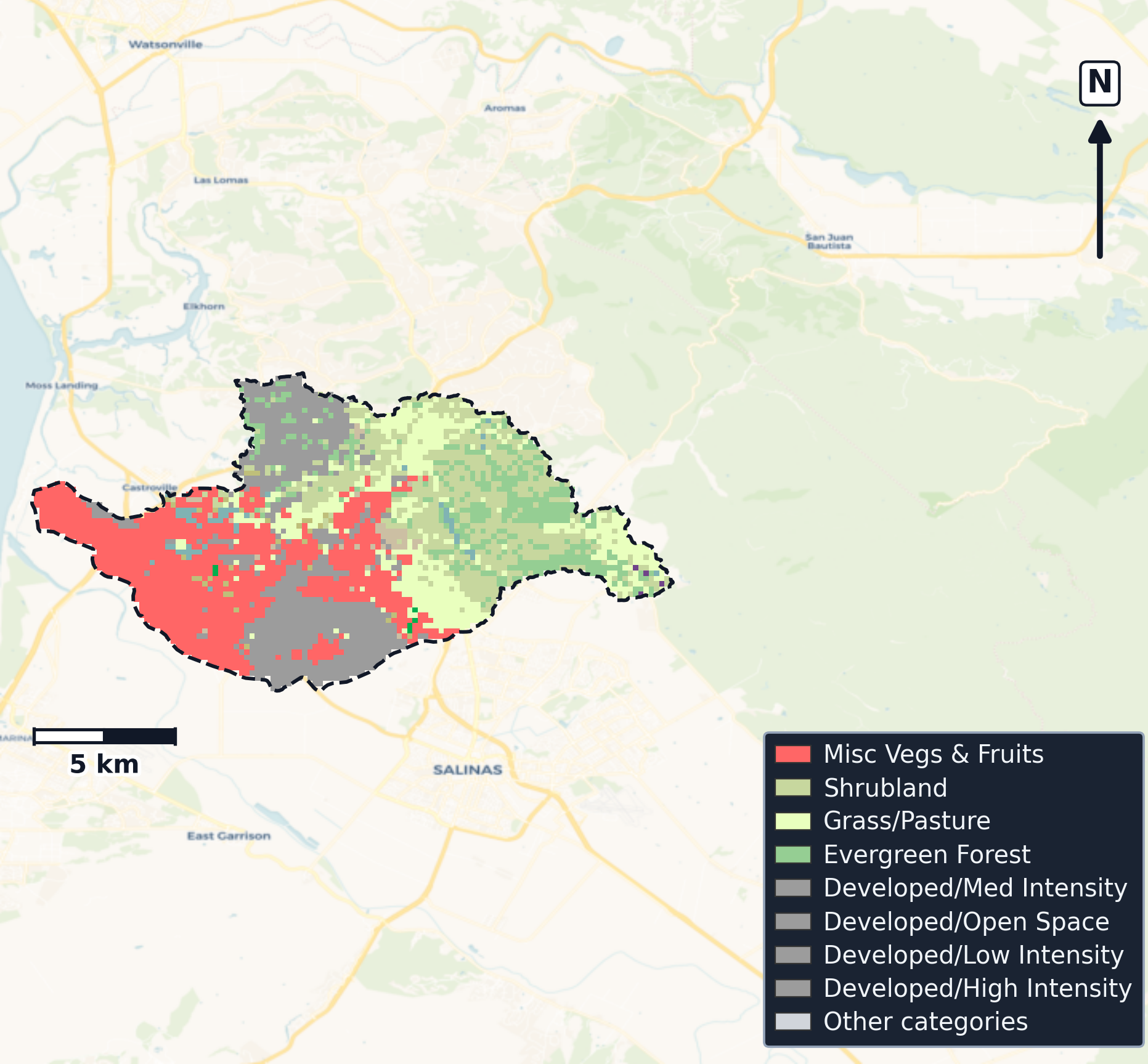 Monterey Bay · California — Cropland Data Layer land use, basin clip