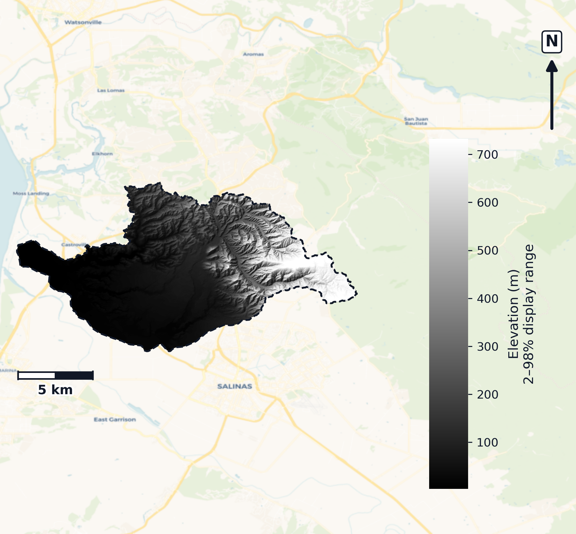 Monterey Bay · California — DEM hillshade, basin mask (same layout as flood-report maps)