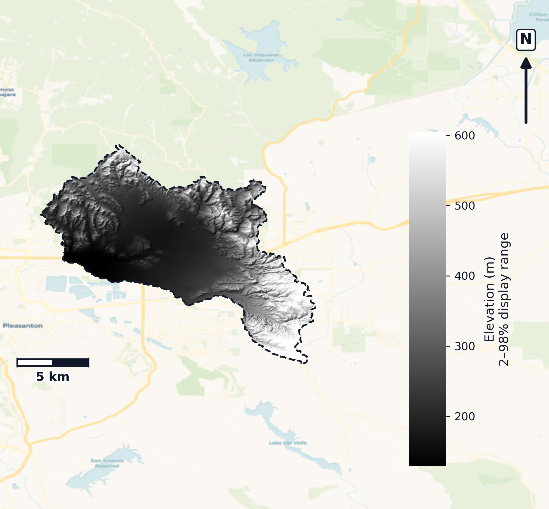 San Francisco Bay · California — DEM hillshade, basin mask (same layout as flood-report maps)