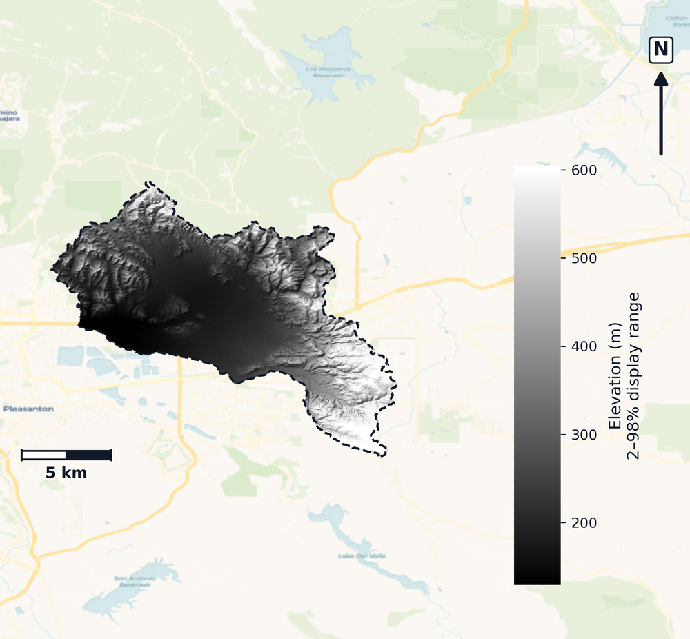 San Francisco Bay · California — DEM hillshade, basin mask (same layout as flood-report maps)