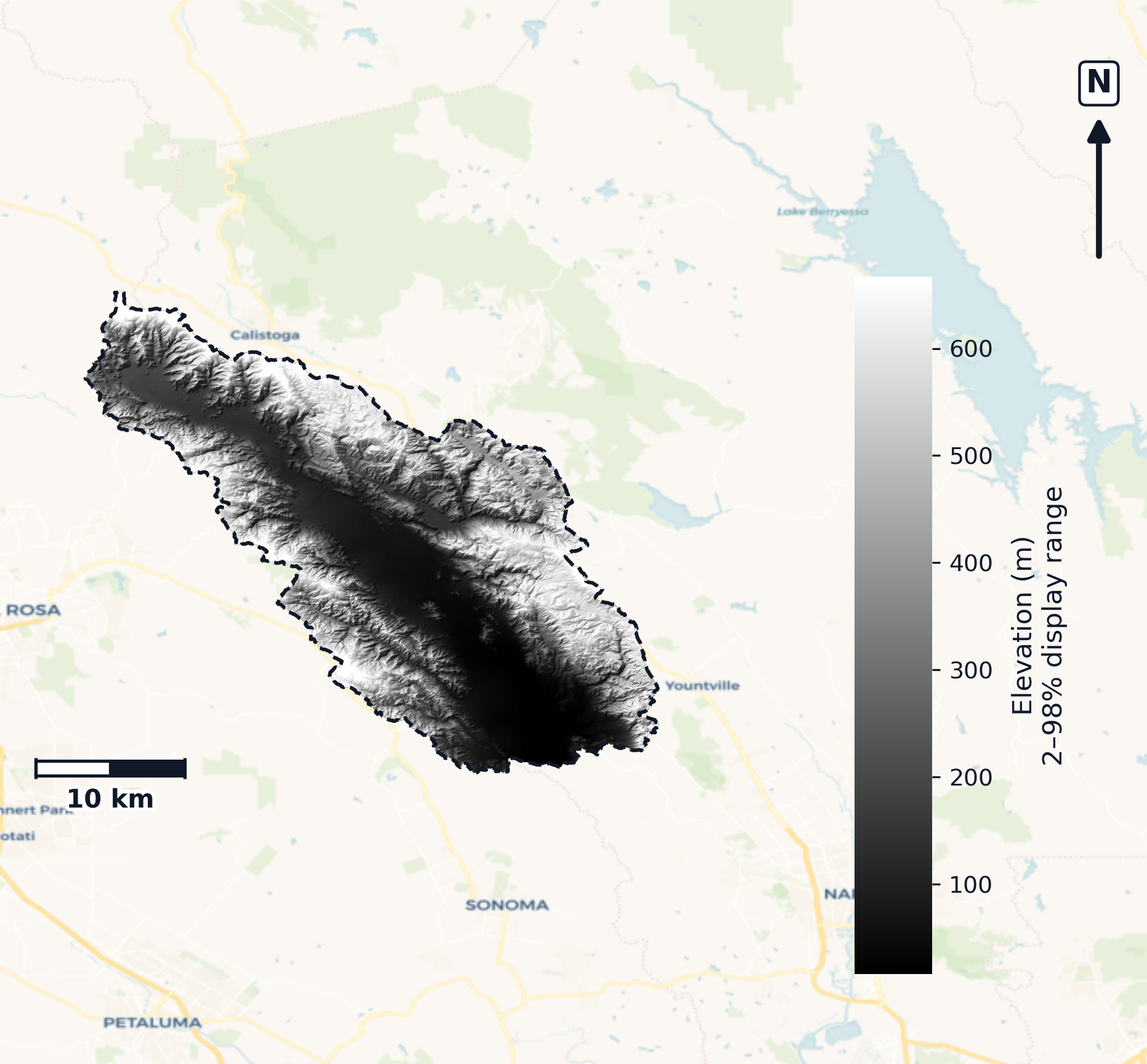 San Pablo Bay · California — DEM hillshade, basin mask (same layout as flood-report maps)