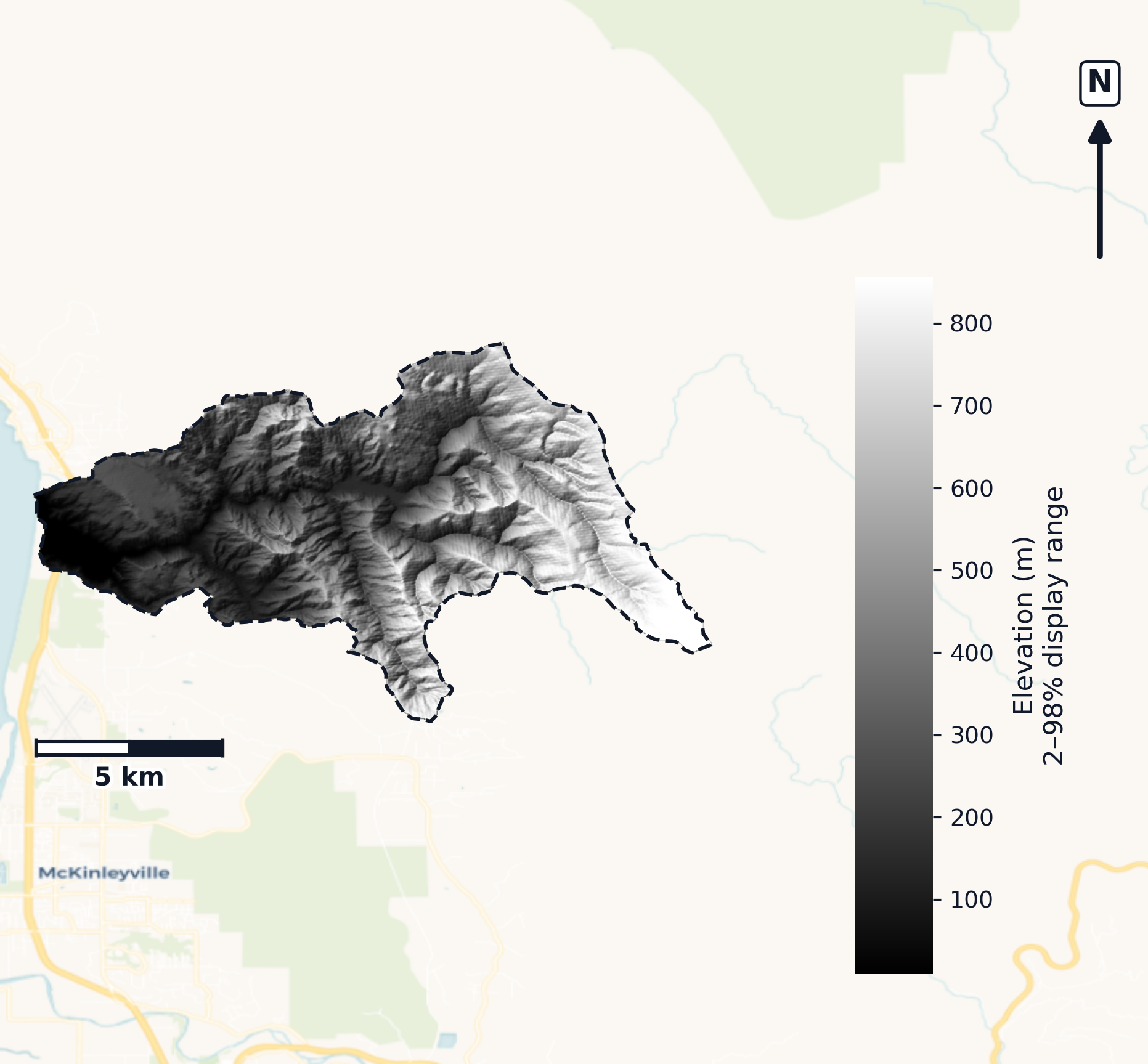 Mad-Redwood · California — DEM hillshade, basin mask (same layout as flood-report maps)