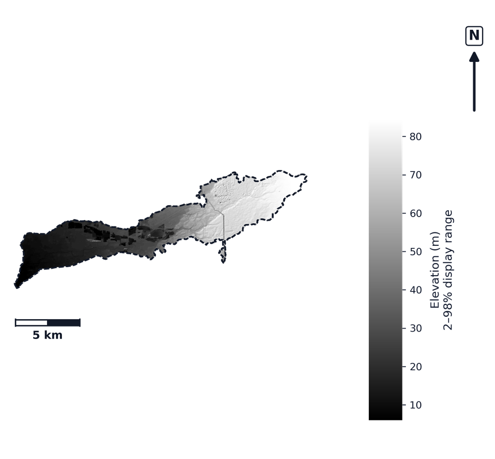 Lower Sacramento · California — DEM hillshade, basin mask (same layout as flood-report maps)