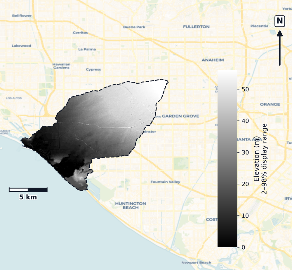 Seal Beach · California — DEM hillshade, basin mask (same layout as flood-report maps)
