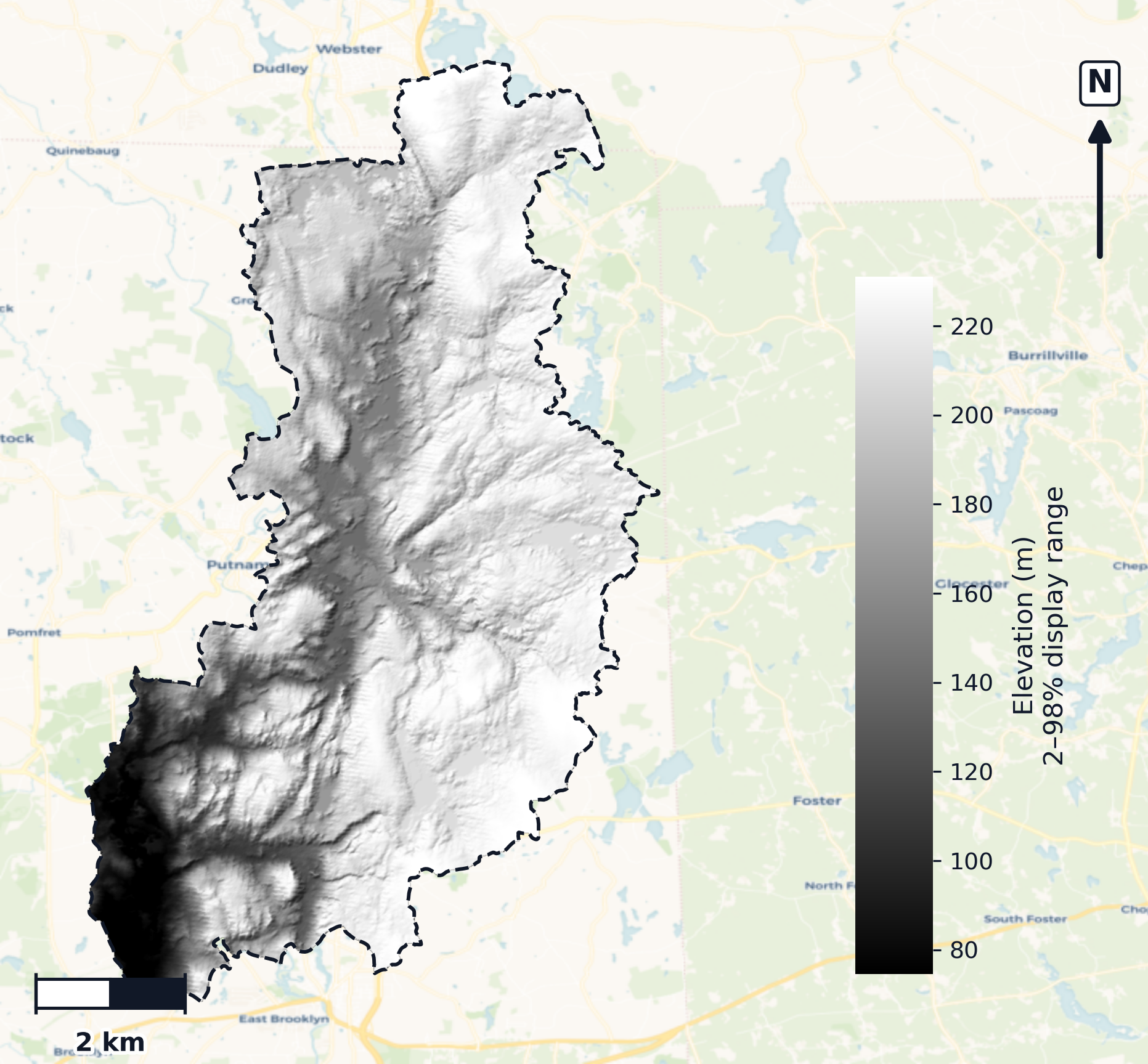 Quinebaug River · Connecticut — DEM hillshade, basin mask (same layout as flood-report maps)