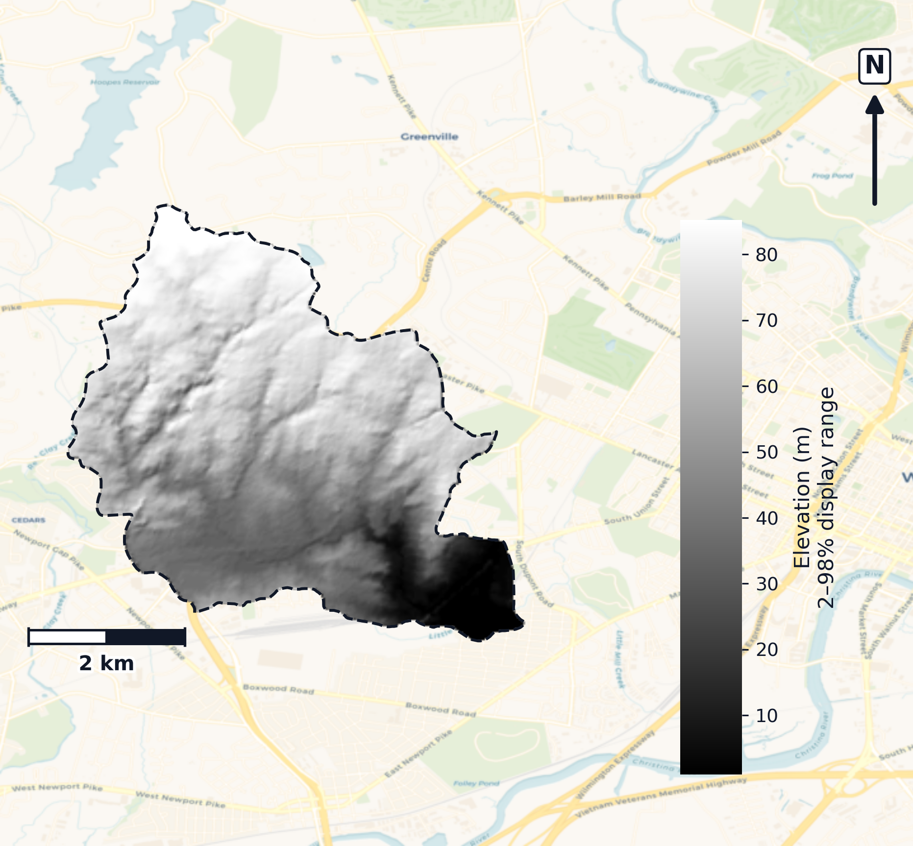Brandywine-Christina · Delaware — DEM hillshade, basin mask (same layout as flood-report maps)