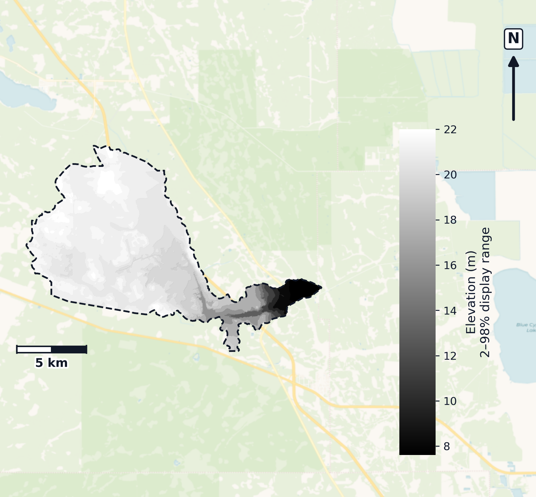 Upper St. Johns · Florida — DEM hillshade, basin mask (same layout as flood-report maps)