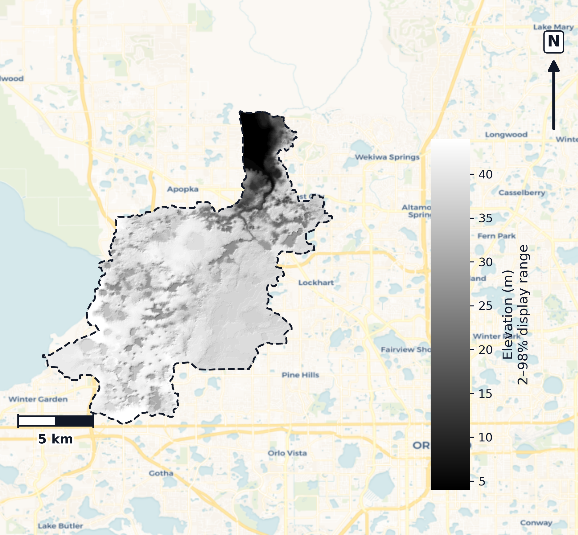 Upper St. Johns · Florida — DEM hillshade, basin mask (same layout as flood-report maps)