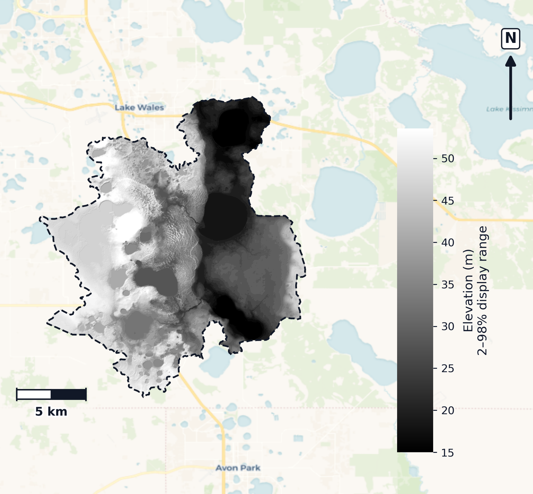 Kissimmee · Florida — DEM hillshade, basin mask (same layout as flood-report maps)