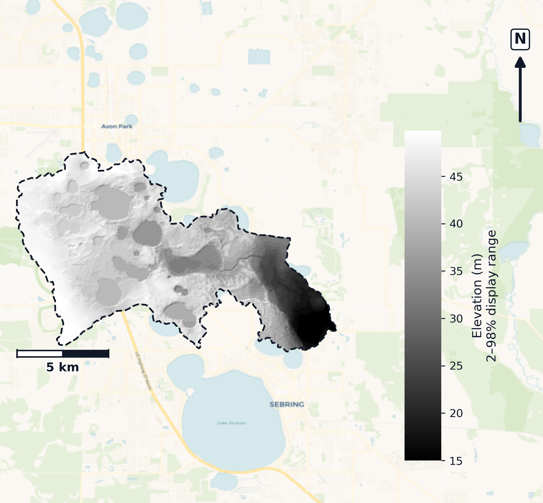 Kissimmee · Florida — DEM hillshade, basin mask (same layout as flood-report maps)