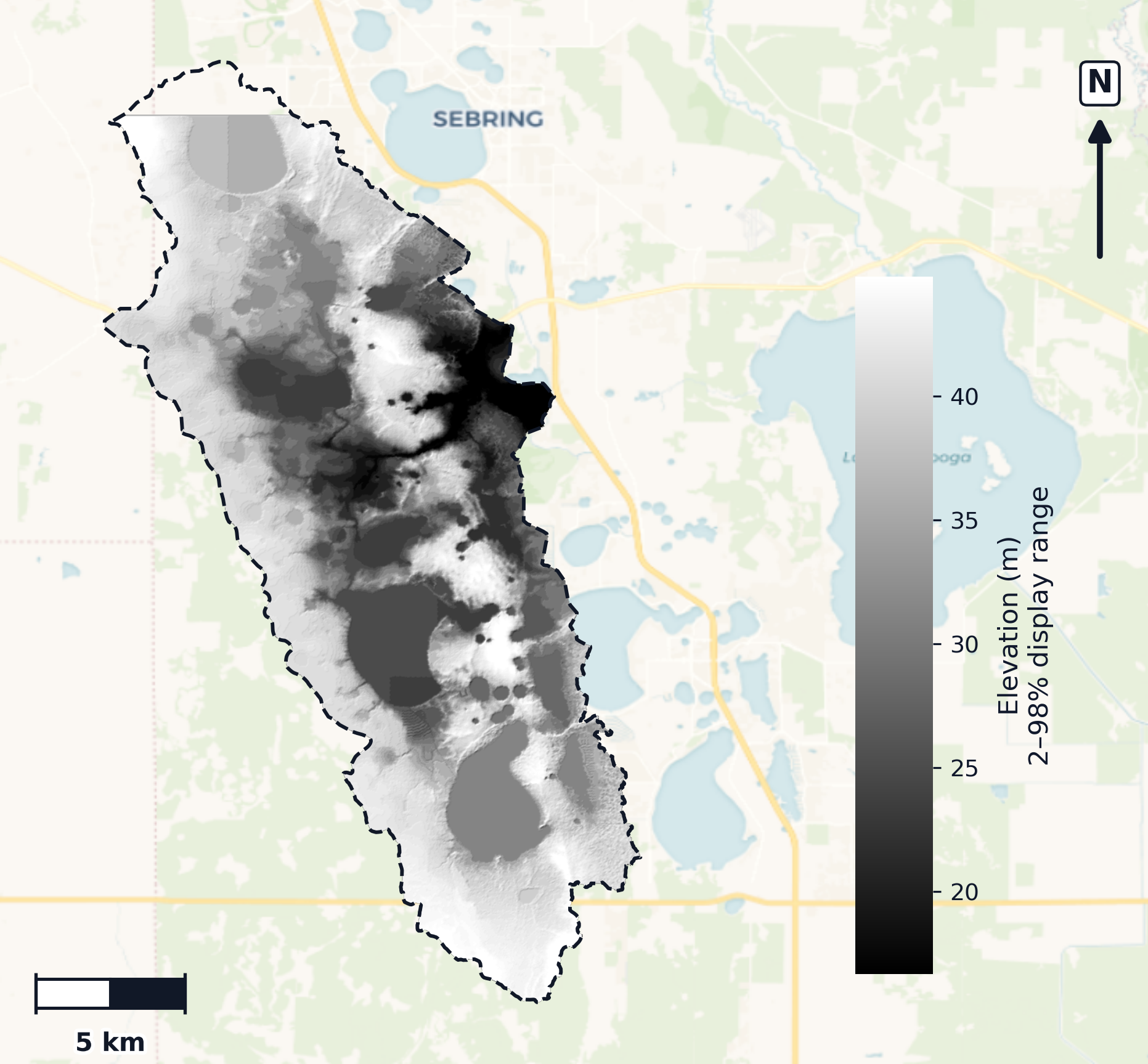 Kissimmee · Florida — DEM hillshade, basin mask (same layout as flood-report maps)