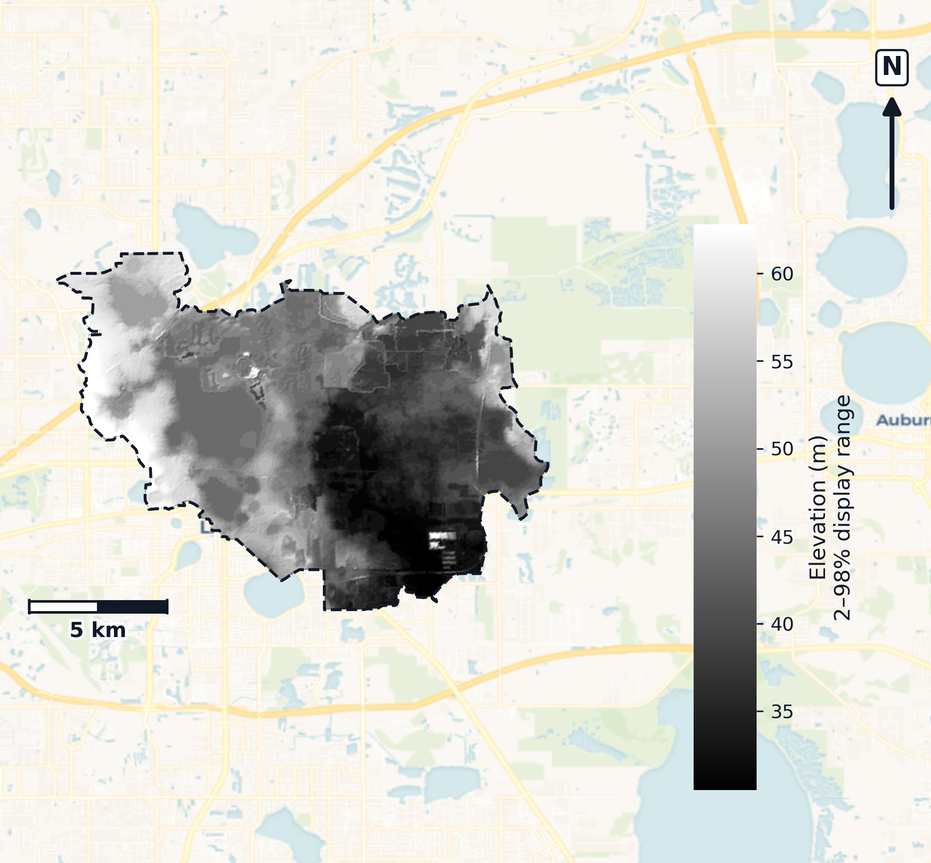 Peace · Florida — DEM hillshade, basin mask (same layout as flood-report maps)