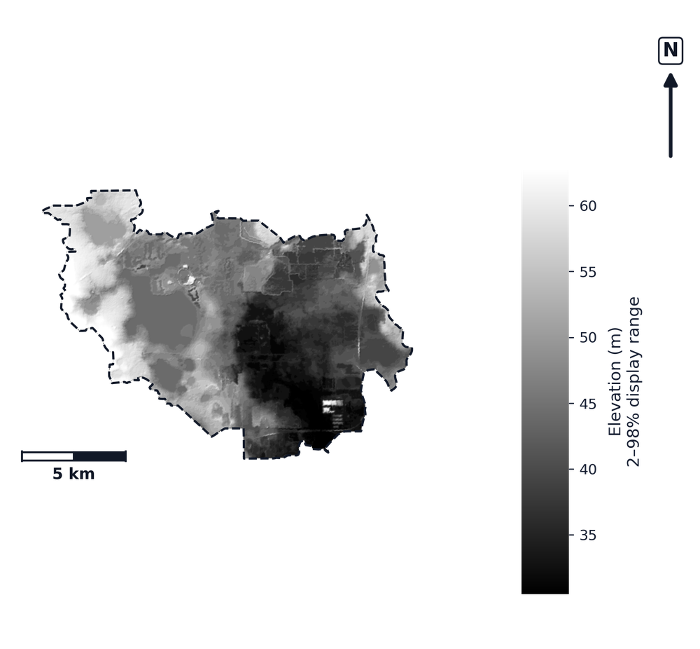 Peace · Florida — DEM hillshade, basin mask (same layout as flood-report maps)