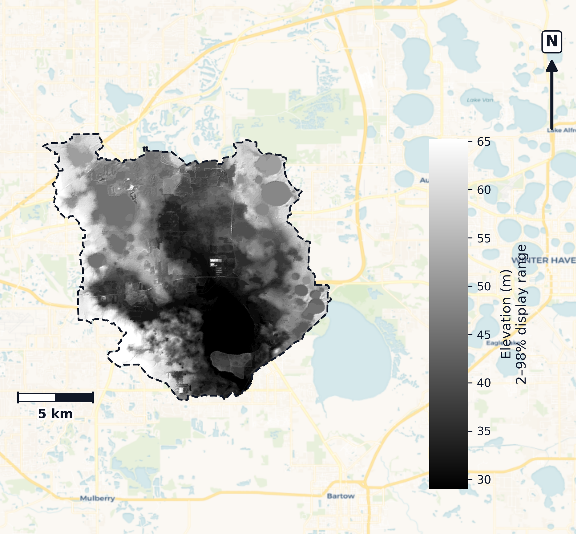 Peace · Florida — DEM hillshade, basin mask (same layout as flood-report maps)