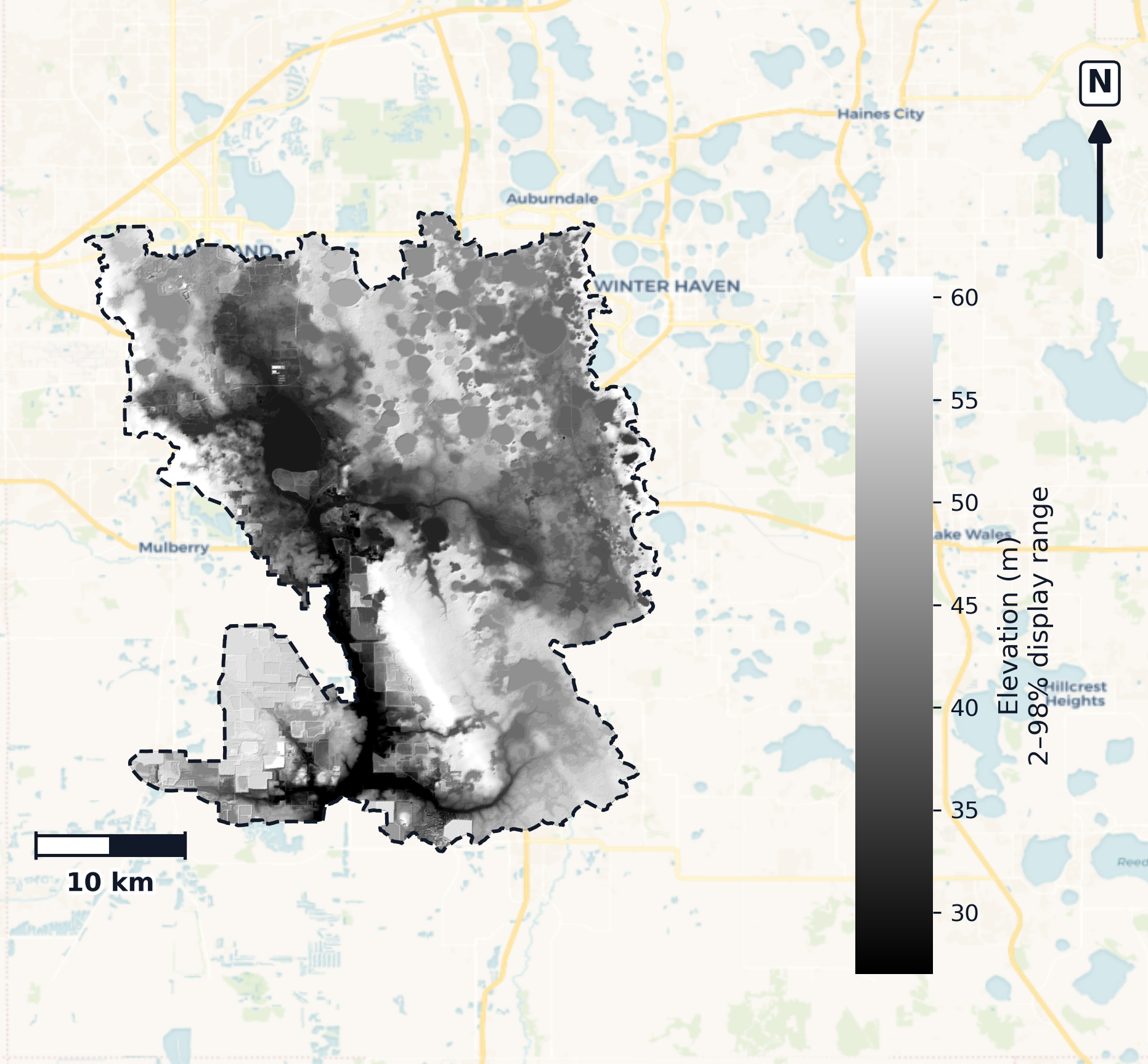 Peace · Florida — DEM hillshade, basin mask (same layout as flood-report maps)