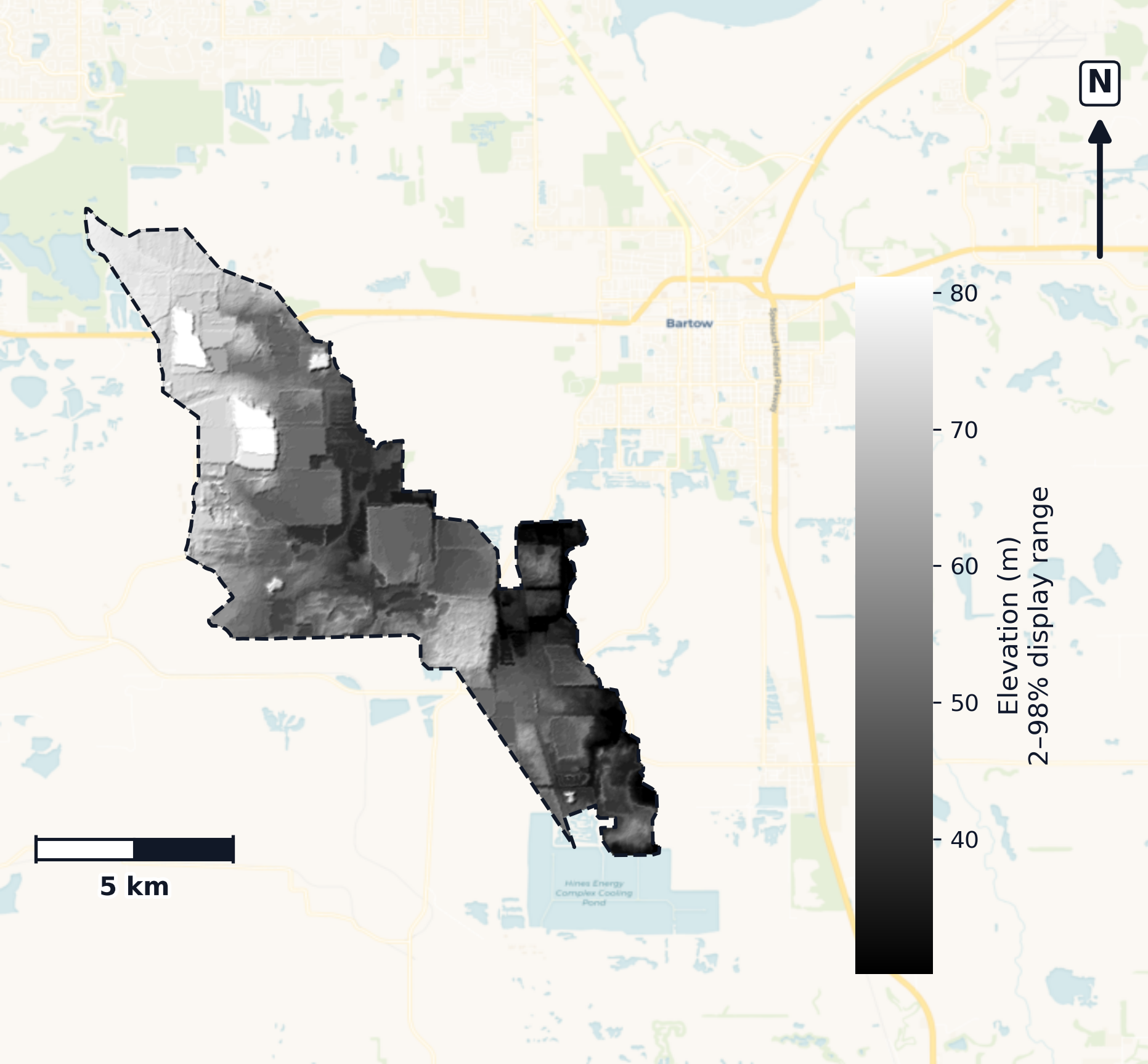 Peace · Florida — DEM hillshade, basin mask (same layout as flood-report maps)