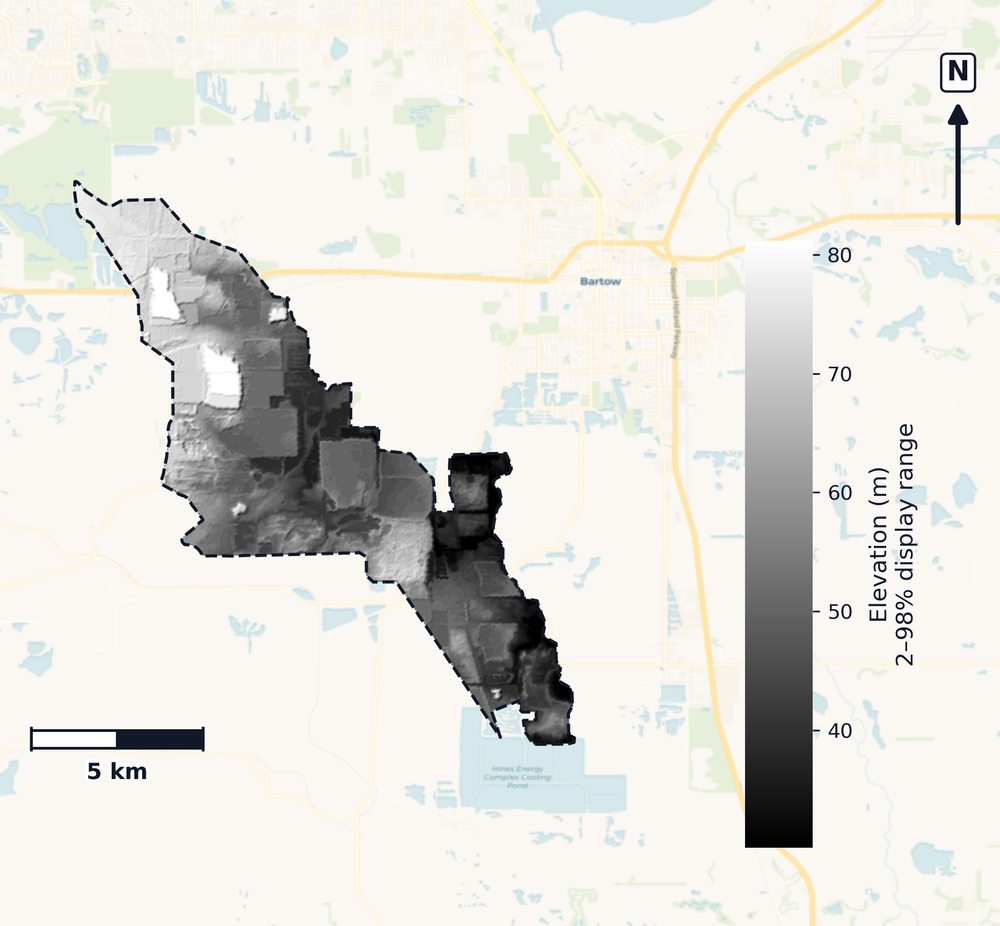 Peace · Florida — DEM hillshade, basin mask (same layout as flood-report maps)