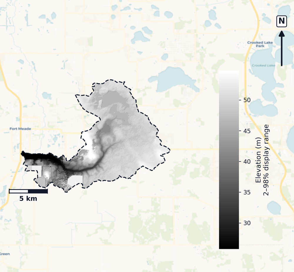 Peace · Florida — DEM hillshade, basin mask (same layout as flood-report maps)
