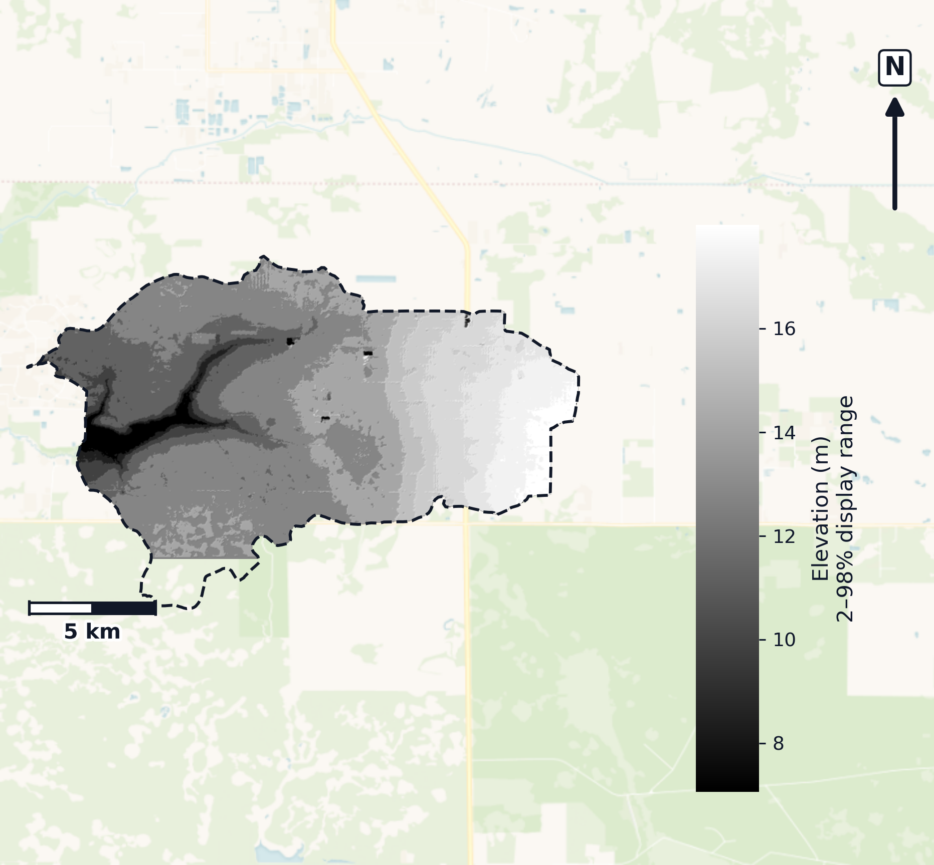 Peace · Florida — DEM hillshade, basin mask (same layout as flood-report maps)