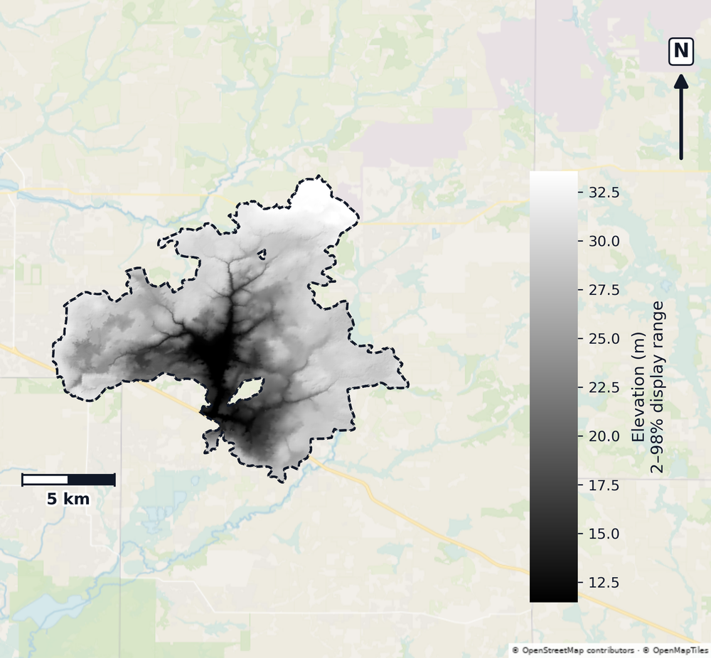 Myakka · Florida — DEM hillshade, basin mask (same layout as flood-report maps)