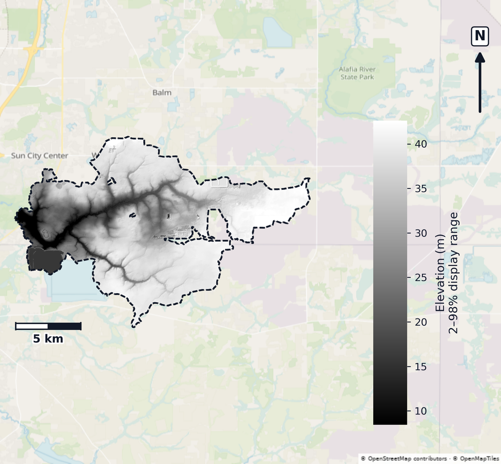 Little Manatee · Florida — DEM hillshade, basin mask (same layout as flood-report maps)