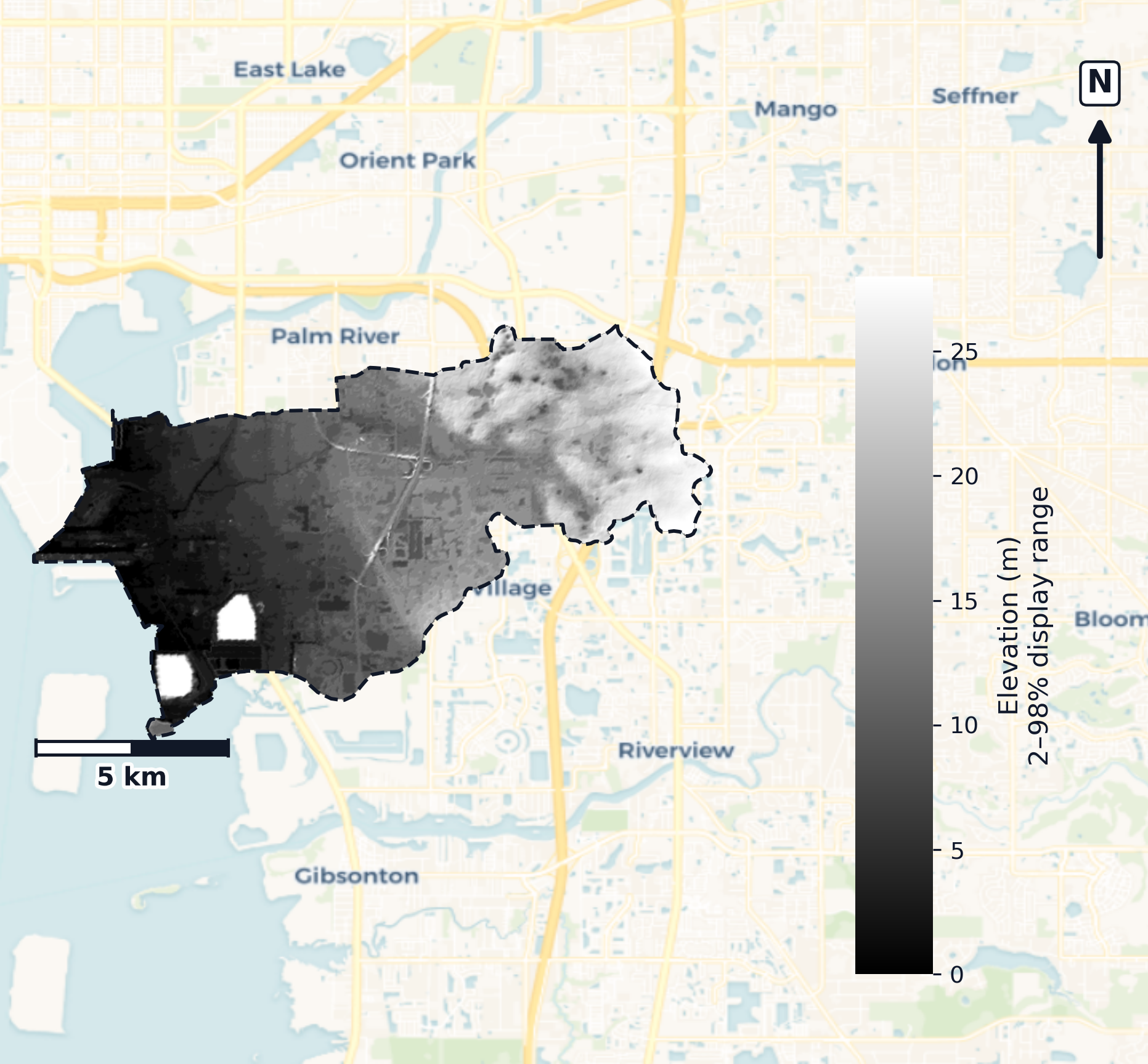Tampa Bay · Florida — DEM hillshade, basin mask (same layout as flood-report maps)