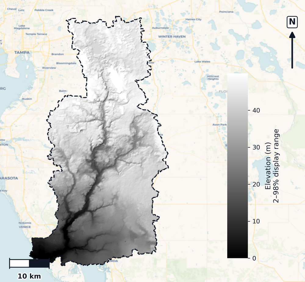 Peace · Florida — DEM hillshade, basin mask (same layout as flood-report maps)